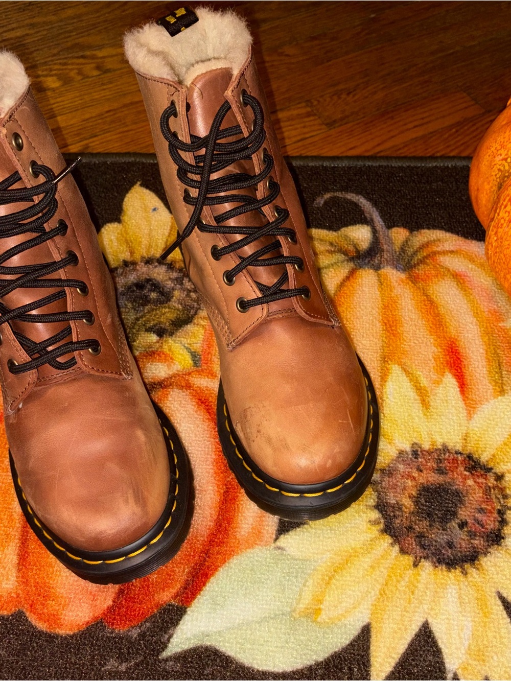 Dr. Martens Brown Lace-Up Fur-Trim Combat Boots
